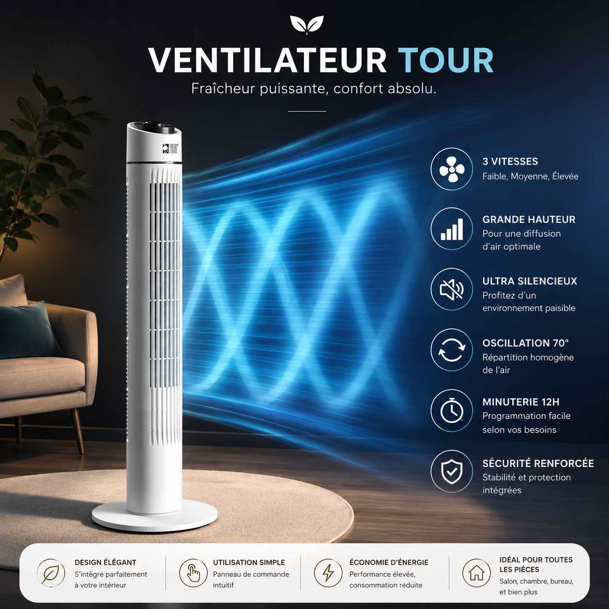 Ventilateur Tour Oscillant Silencieux