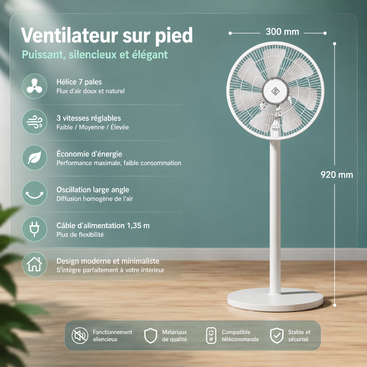 Ventilateur sur Pied 12" – Silencieux & Réglable