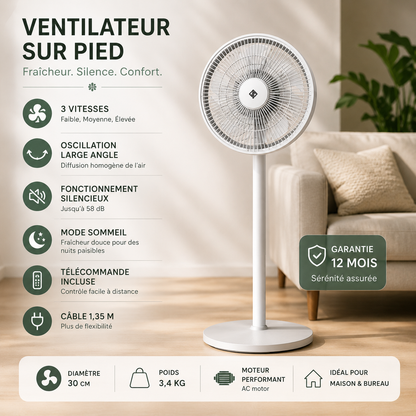 Ventilateur sur Pied 12" – Silencieux & Réglable