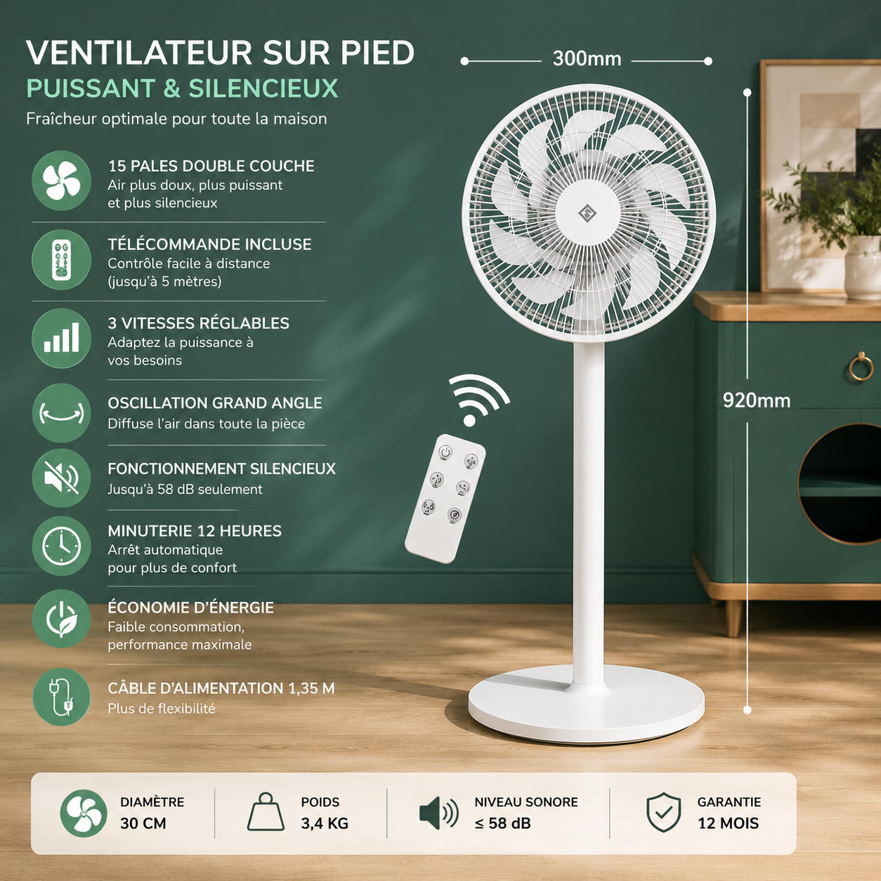 Ventilateur sur Pied 12" – Silencieux & Réglable