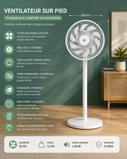 Ventilateur sur Pied 12" – Silencieux & Réglable
