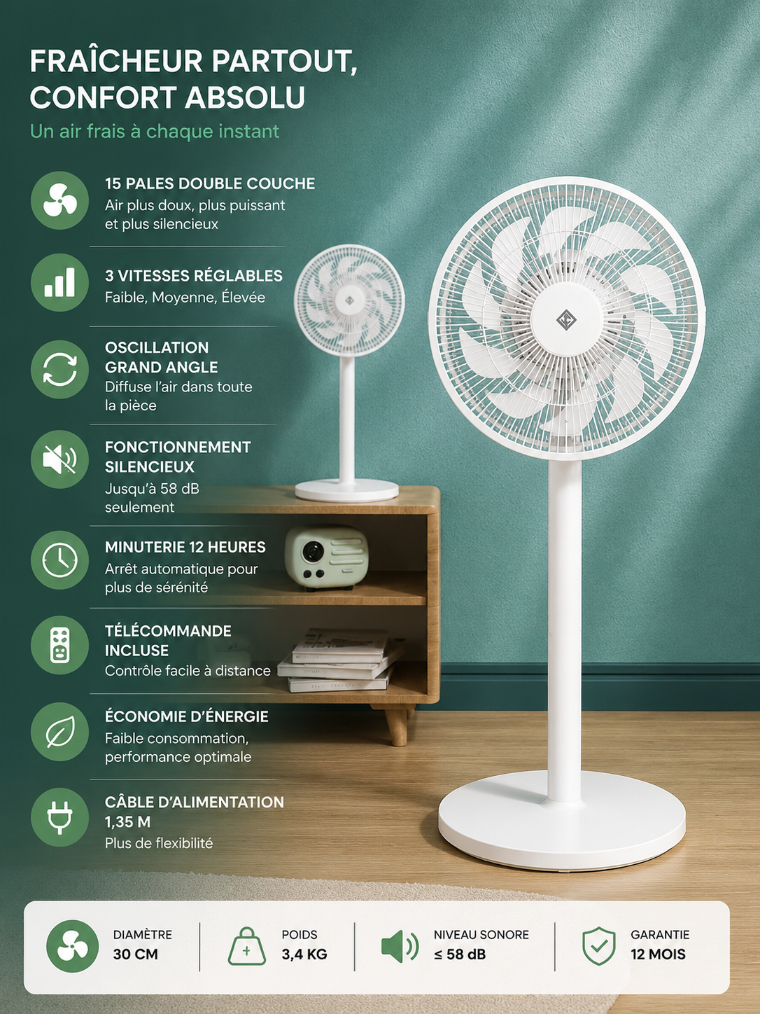 Ventilateur sur Pied 12" – Silencieux & Réglable