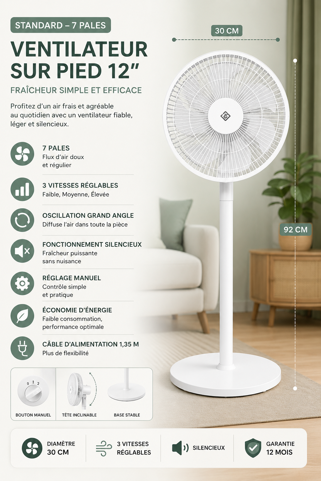 Ventilateur sur Pied 12" – Silencieux & Réglable