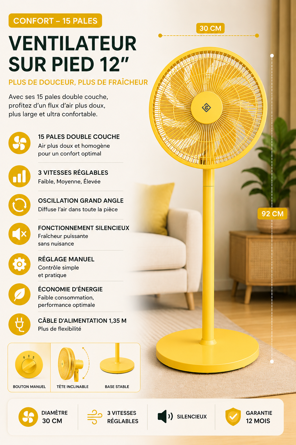 Ventilateur sur Pied 12" – Silencieux & Réglable