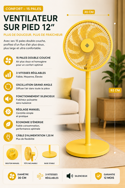 Ventilateur sur Pied 12" – Silencieux & Réglable