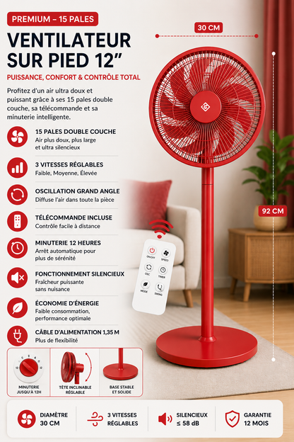 Ventilateur sur Pied 12" – Silencieux & Réglable
