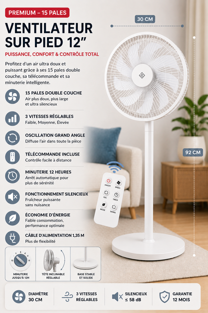 Ventilateur sur Pied 12" – Silencieux & Réglable