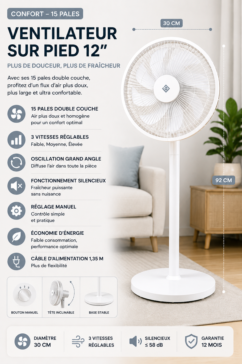 Ventilateur sur Pied 12" – Silencieux & Réglable