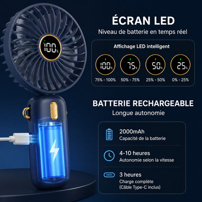 Ventilateur Portable Rechargeable USB – 4 Vitesses | Jusqu'à 10h d'Autonomie